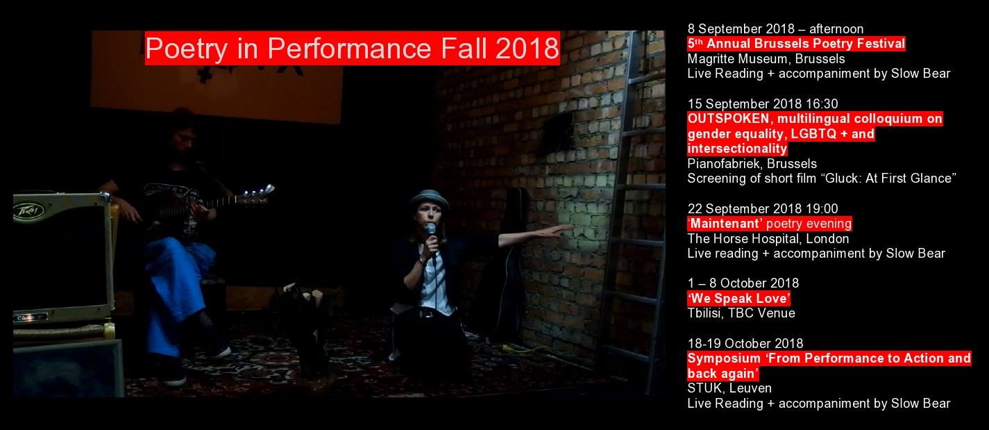 Marina Kazakova Fall 2018 poetry performance tour, with musical accompaniment by Slow Bear Marina Kazakova Fall 2018 poetry performance tour, with musical accompaniment by Slow Bear